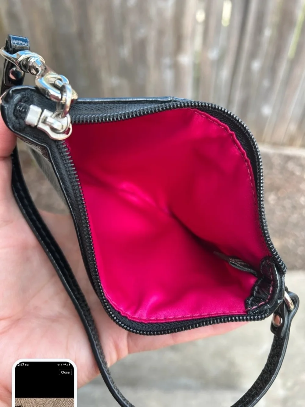 Black Patent Leather Wristlet with Gold Logo And Pink Interior